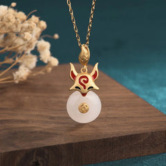 White Jade Fox Copper Coin Protection Luck Necklace Pendant