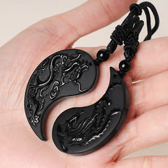 Black Obsidian Yin Yang Dragon Phoenix Luck Necklace Pendant