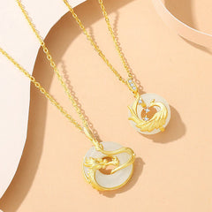 925 Sterling Silver Year of the Dragon Hetian Jade Golden Dragon Phoenix Peace Buckle Luck Necklace Pendant