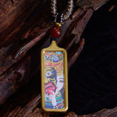 Yellow God of Wealth Nine-Tailed Fox Hand-Painted Thangka Necklace Pendant