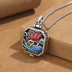 Koi Fish Lotus Copper Coins Luck Prayer Box Necklace Pendant