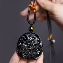 Natural Black Obsidian Round Dragon Carved Protection Necklace Pendant