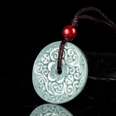Green Jade Flower Carved Peace Buckle Abundance Necklace Pendant