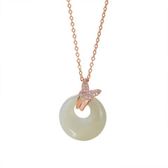 925 Sterling Silver Natural Hetian Jade Zircon Butterfly Luck Necklace Pendant