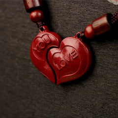 2Pcs LOVE YOU Natural Cinnabar Heart-shaped String Blessing Couple Necklace Pendant