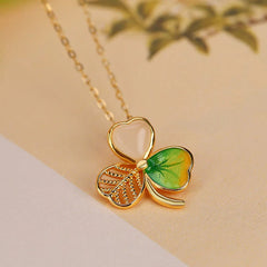 925 Sterling Silver Plated Gold Hetian Jade Luck Shamrock Clover Necklace Pendant and Earrings Set