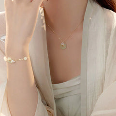 925 Sterling Silver Natural Hetian Jade Peace Buckle Orchid Luck Bracelet and Necklace Pendant Set