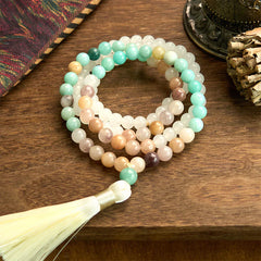 108 Mala Beads Natural White Jade Amazonite White Tassel Healing Bracelet