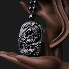 Natural Black Obsidian Koi Fish Lotus Beaded Necklace Pendant