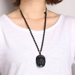 Natural Black Obsidian Bodhisattva Strength String Necklace Pendant
