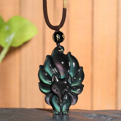 Natural Rainbow Obsidian Gold Sheen Obsidian Nine-Tailed Fox Positive Necklace Pendant