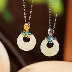 925 Sterling Silver Plated Gold Year of the Dragon Hetian Jade Peace Buckle Copper Coin Necklace Pendant