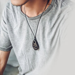 Ebony Wood Hollow Inlaid Obsidian Necklace Pendant for Peace and Calm