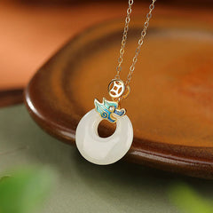 925 Sterling Silver Plated Gold Year of the Dragon Hetian Jade Peace Buckle Copper Coin Necklace Pendant