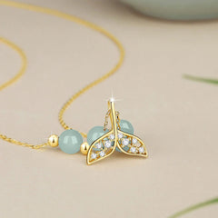 925 Sterling Silver Hetian Jade Bead Fishtail Luck Necklace Pendant