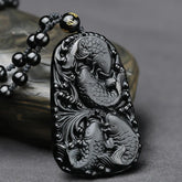 Black Obsidian Koi Fish Engraved Beaded Necklace Pendant