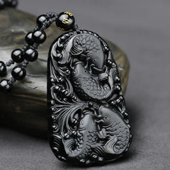 Black Obsidian Koi Fish Engraved Beaded Necklace Pendant