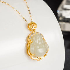Renbeads 925 Sterling Silver Laughing Buddha Hetian White Jade Protection Necklace Pendant