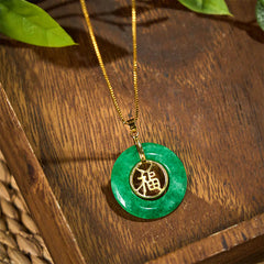 Cyan Jade Fu Character Peace Buckle Luck Necklace Pendant
