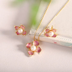 925 Sterling Silver Pearl Red Flower Petals Design Necklace Pendant Earrings Set