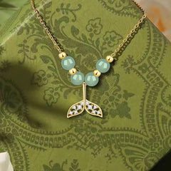 925 Sterling Silver Hetian Jade Bead Fishtail Luck Necklace Pendant