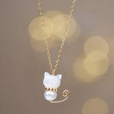 14K Gold Plated Pearl Jade Shell Lucky Cat Necklace Pendant