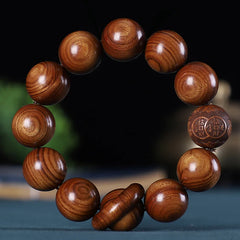 Renbeads Chinese Zodiac Rosewood Green Sandalwood Ebony Wood Copper Coin Carved Calm Bracelet
