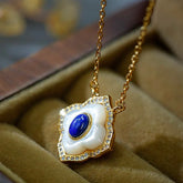 925 Sterling Silver Tridacna Stone Lazurite Prismatic Design Jewelry Set with Earrings and Necklace Pendant