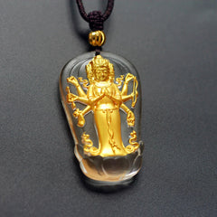 Tibetan Eight-armed Avalokitesvara Gold Plated Crystal Wealth Necklace Pendant