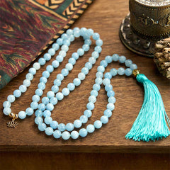 108 Mala Beads Natural Aquamarine Stone Tassel Lotus Healing Bracelet