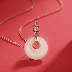 925 Sterling Silver White Jade Coin Flower Peace Buckle Luck Necklace Pendant