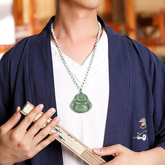 Renbeads Laughing Buddha Cyan Jade Harmony Necklace String Bead Pendant