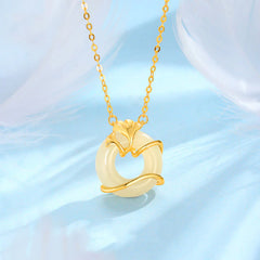 925 Sterling Silver Peace Buckle Ginkgo Leaf Necklace Pendant with Jade