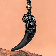 Natural Black Jade Chinese Zodiac Dragon Tooth Pattern Protection Necklace Pendant