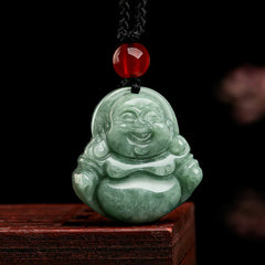 Natural Green Jade Laughing Buddha Luck and Abundance Necklace Pendant