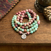 Renbeads 108 Mala Beads Rhodonite Amazonite Lotus Healing Bracelet