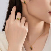 925 Sterling Silver Natural Cyan Jade Flower Luck Necklace, Pendant, Ring, and Earrings Set