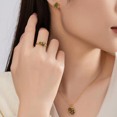 925 Sterling Silver Natural Cyan Jade Flower Luck Necklace, Pendant, Ring, and Earrings Set