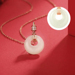 925 Sterling Silver White Jade Coin Flower Peace Buckle Luck Necklace Pendant