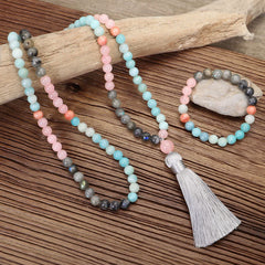 108 Beads Amazonite Black Glitter Stone Positive Tassel Bracelet