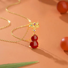 925 Sterling Silver Red Agate Gourd Auspicious Clouds Jewelry Set (Bracelet, Necklace Pendant, Earrings)