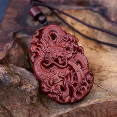 Lightning Struck Jujube Wood Double Dragon Relief Necklace Pendant for Warding Off Evil