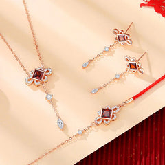 925 Sterling Silver Chinese Knotting Red Zircon Wealth Jewelry Set