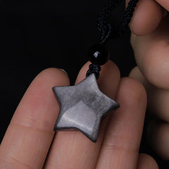 Natural Silver Sheen Obsidian Star Crescent Moon Protection Necklace Pendant