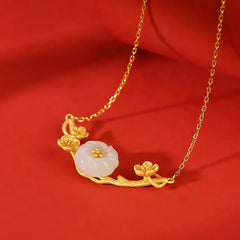 925 Sterling Silver Plated Gold Hetian Jade Plum Blossom Luck Jewelry Set