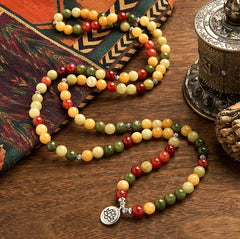 108 Mala Beads Natural Colored Stone Bracelet with Topaz, Red Jasper, Green Jasper and Lotus Design