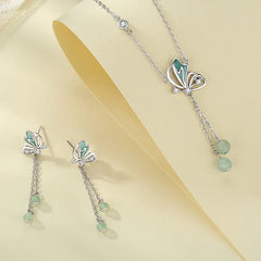 925 Sterling Silver Natural Green Aventurine Butterfly Luck Necklace and Earrings Set