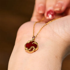 925 Sterling Silver Four Red Agate Black Onyx Leaf Clover Zodiac Blessing Necklace Pendant