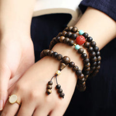 108 Mala Beads Agarwood Red Agate Turquoise Peace Meditation Bracelet