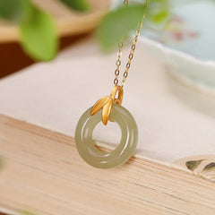 925 Sterling Silver Cyan Jade Peace Buckle Bamboo Leaf Necklace Pendant